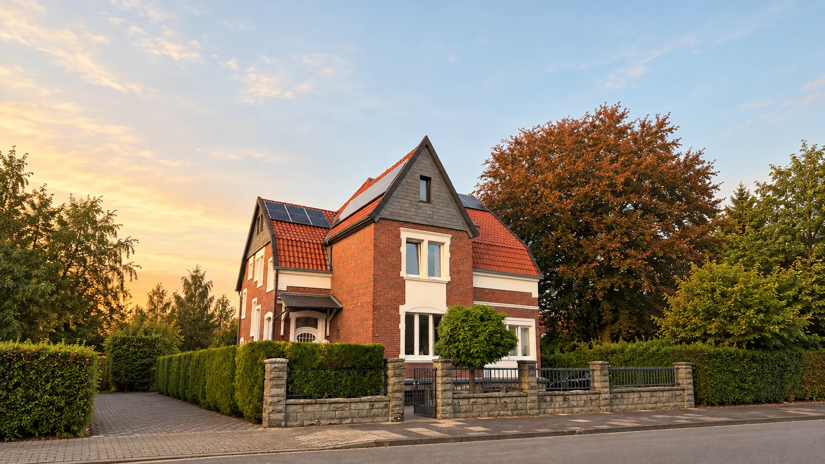 Backsteinvilla mit rotem Ziegeldach und Natursteinmauer im Abendlicht