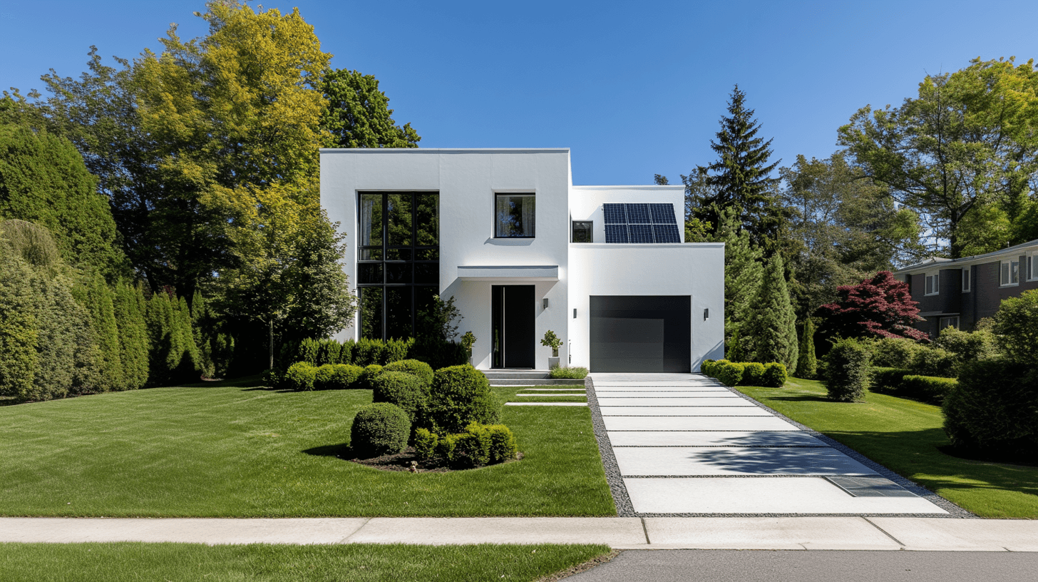 Modernes weißes Wohnhaus mit gepflegtem Garten