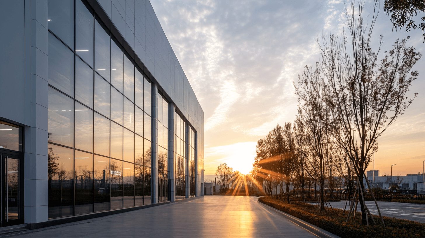 Modernes Bürogebäude mit Glasfassade im Abendlicht