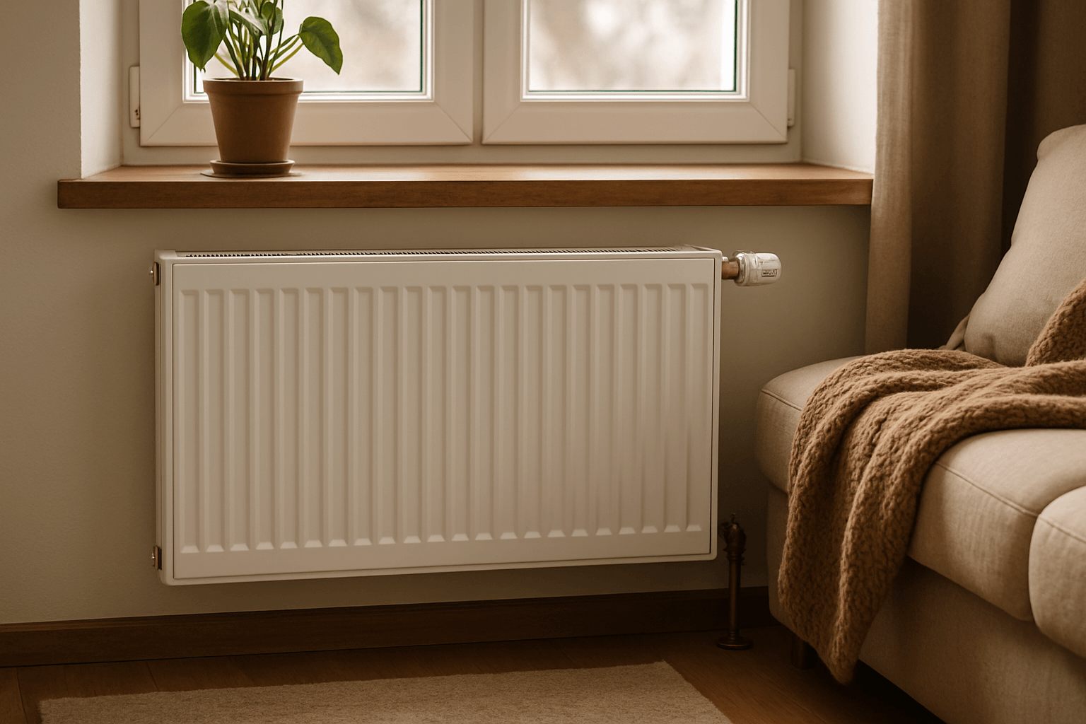 Weißer Heizkörper unter einem Fenster