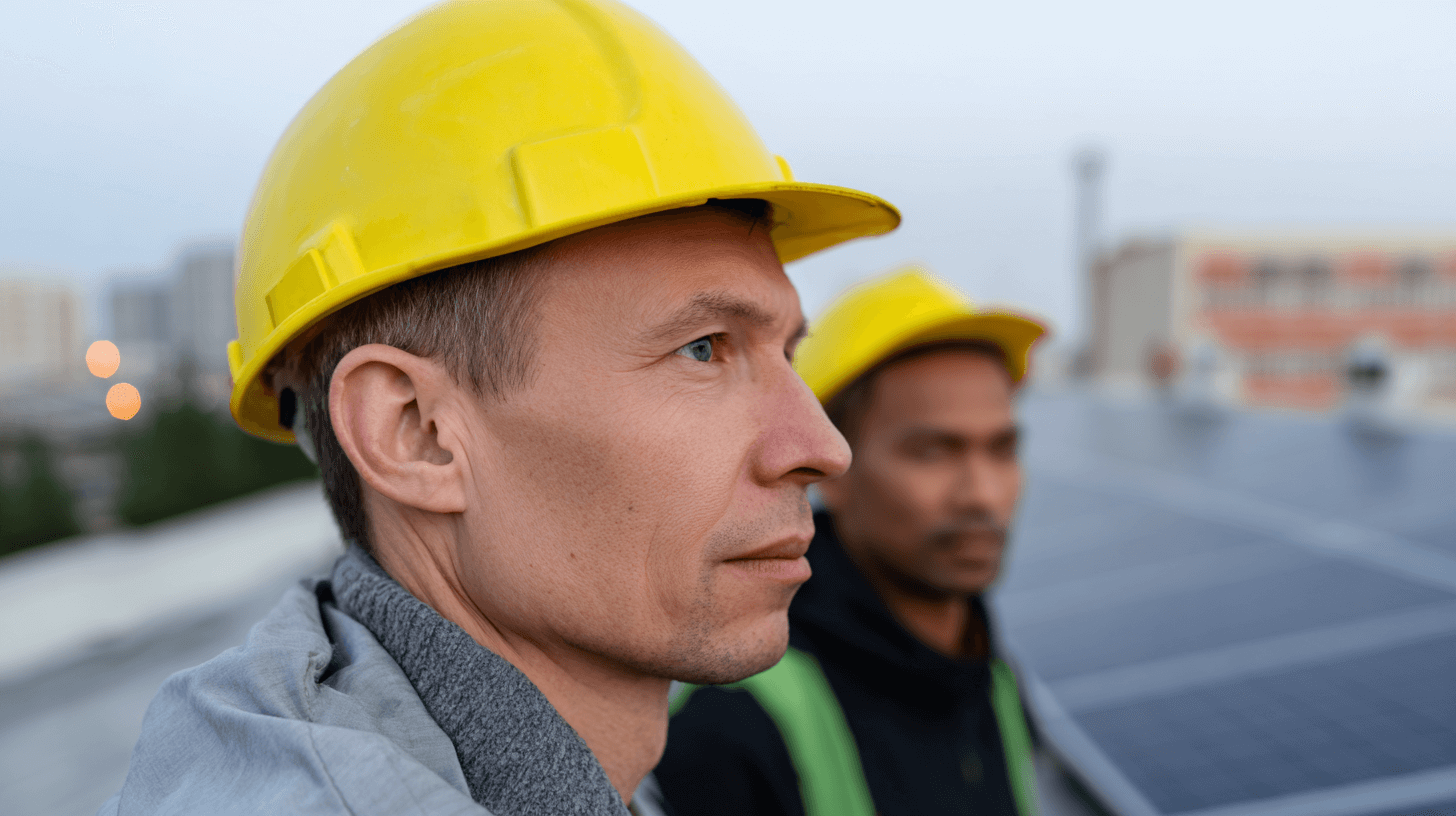 Zwei Handwerker mit Schutzhelmen vor einer Solaranlage auf dem Dach