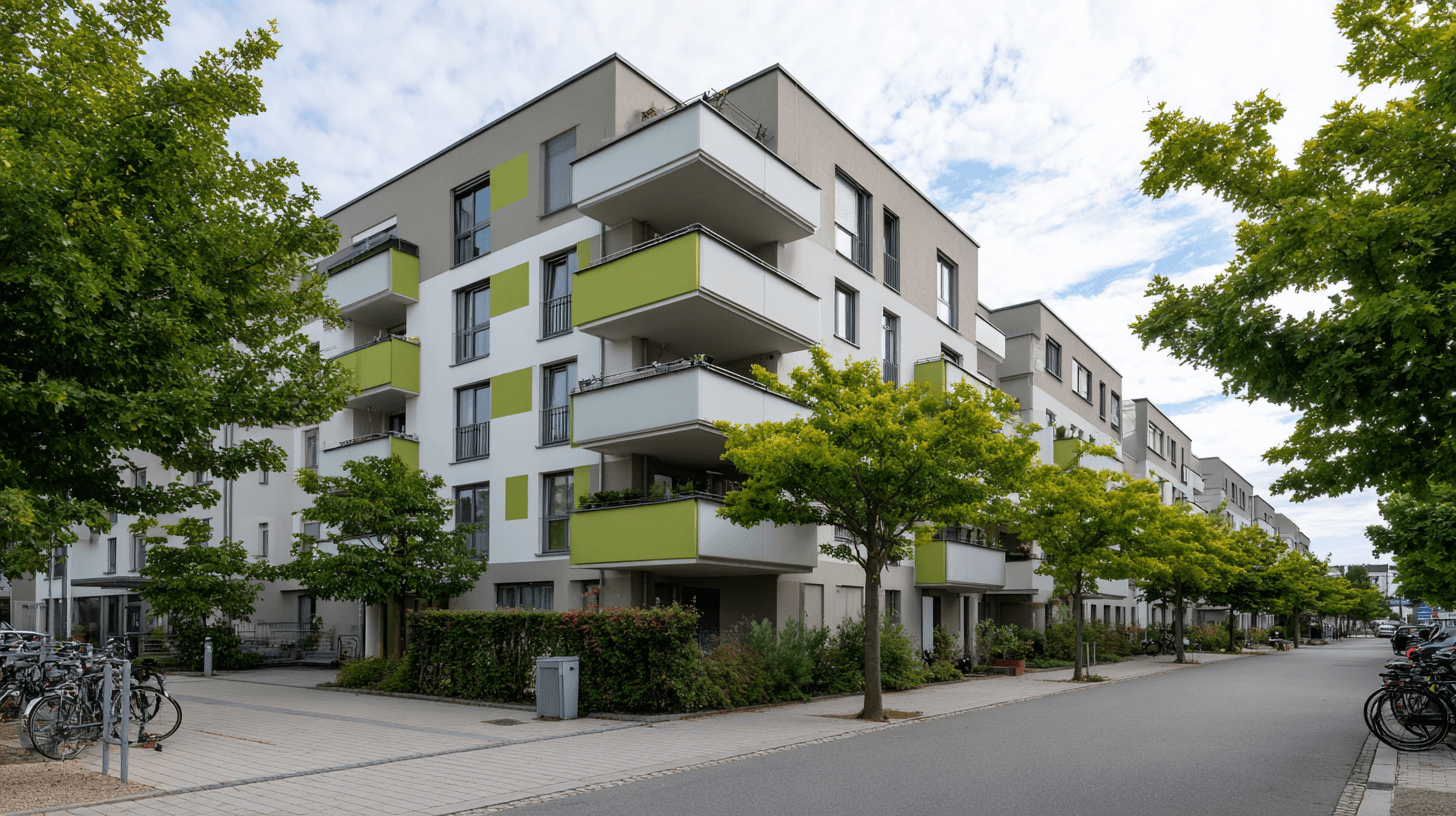 Mehrfamilienhaus mit Balkonen an einer ruhigen Straße