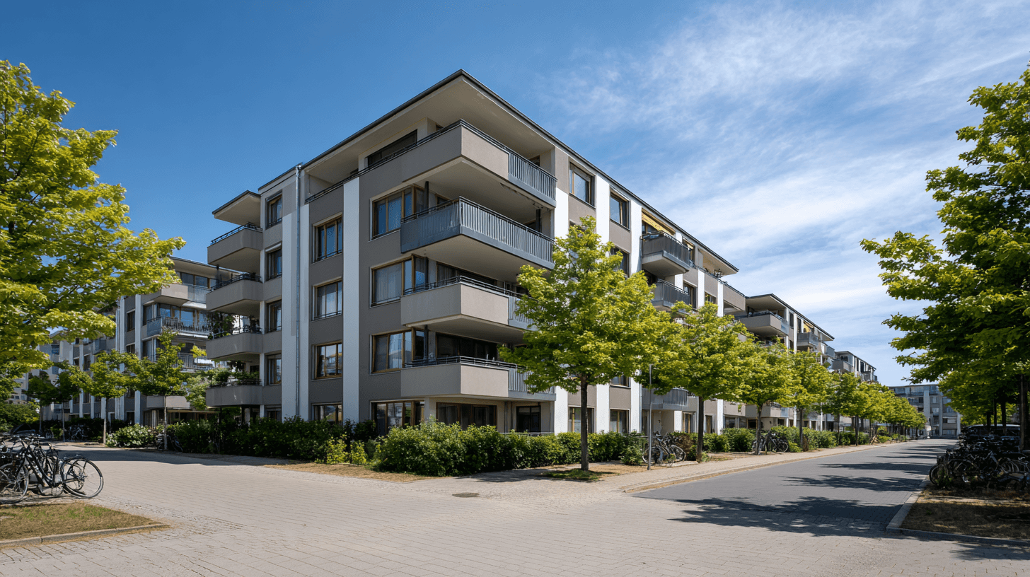 Neubau-Mehrfamilienhaus mit grünen Fassadenelementen