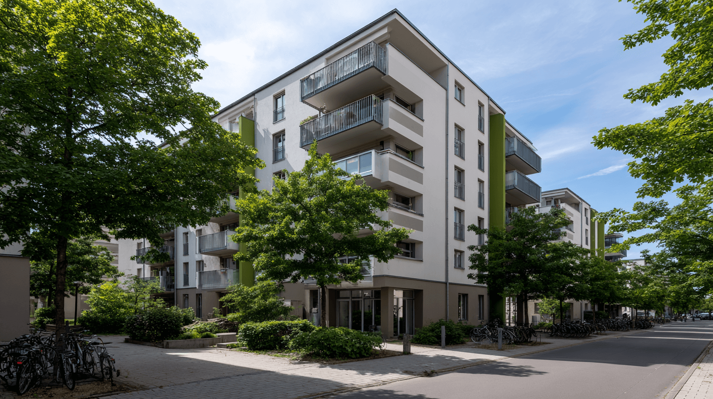 Modernes Mehrfamilienhaus mit Balkonen und Bäumen