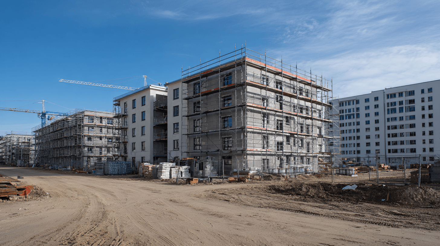 Baustelle mit Rohbau eines Mehrfamilienhauses und Kran