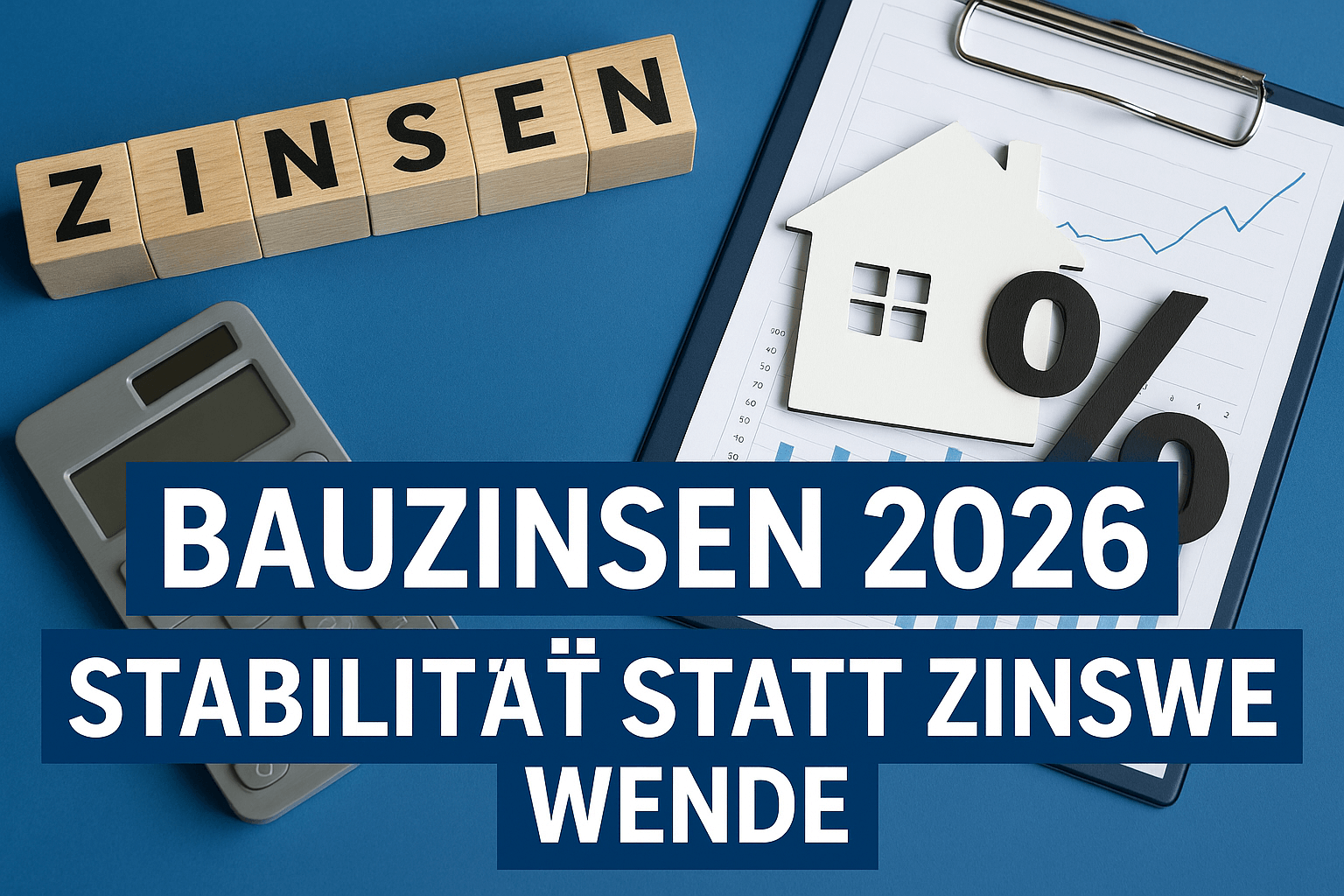 Buchstabensteine Zinsen und Schriftzug Bauzinsen 2026 mit Prozentzeichen