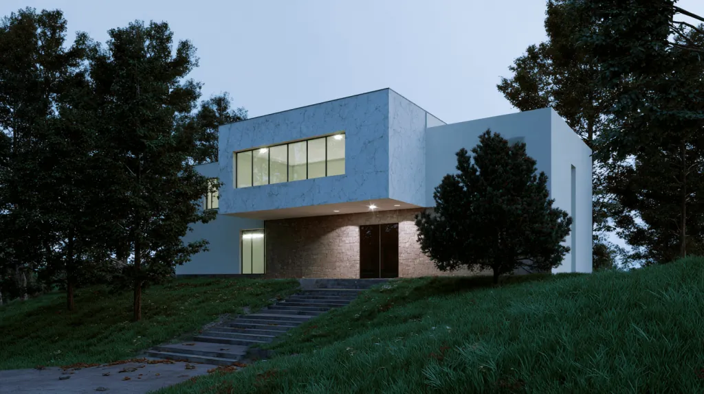 Modernes Flachdachhaus in der Abenddämmerung